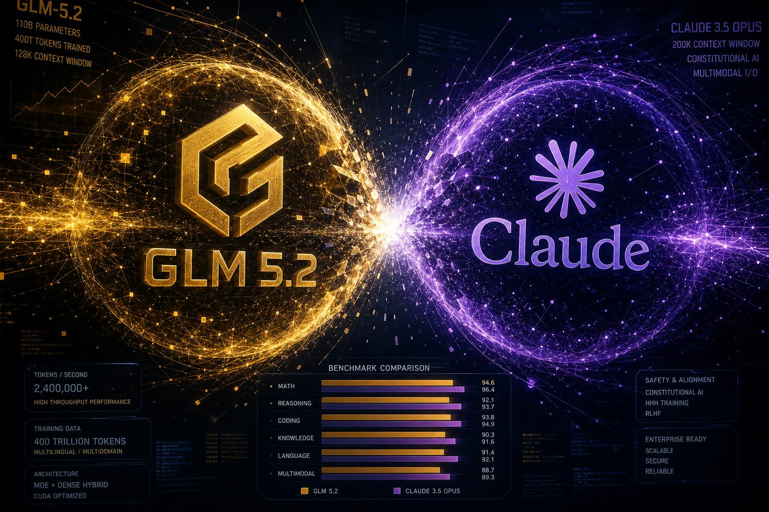 Comparison graphic showing GLM 5.2 and Claude Fable 5 logos with data charts in the background.