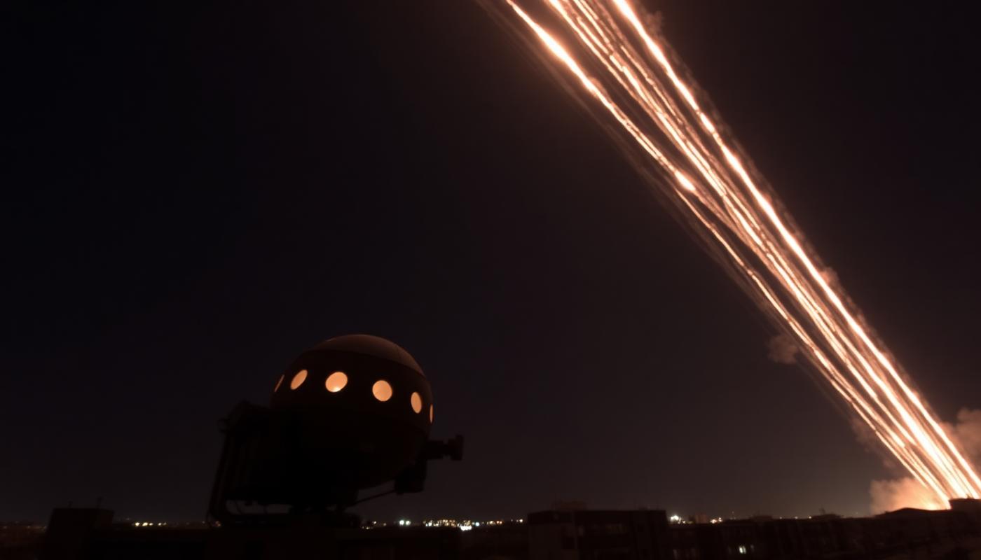Israeli Iron Dome intercepting missiles at night