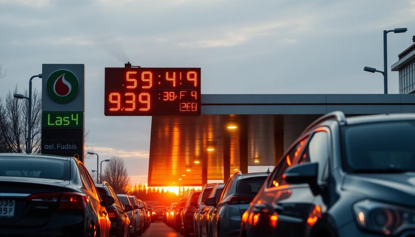 Long line of cars at a European gas station as oil prices surge